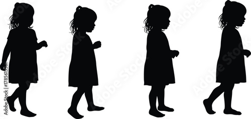 Child walking silhouette vector set, girl in dress with ponytail, motion progression poses, standing and walking illustration, child development animation design