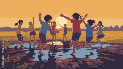 Children playing in puddles at sunset with arms raised and barefoot in a field landscape art