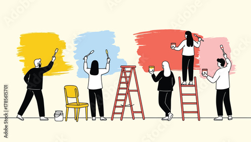 Collaborative Painting Project: Group of people working together to refresh or decorate a wall using bright colors, brushes, and ladders.