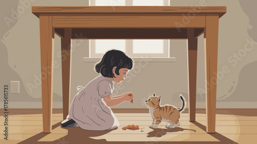 A little girl feeding a kitten under a wooden table near a window in a bright room illustration