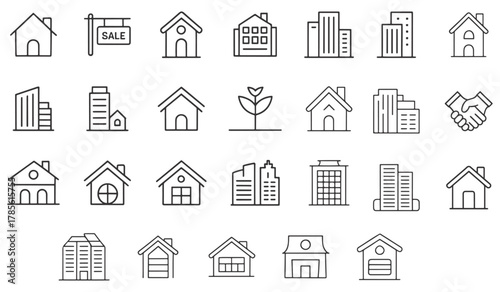 Collection of simple line art icons representing houses and buildings