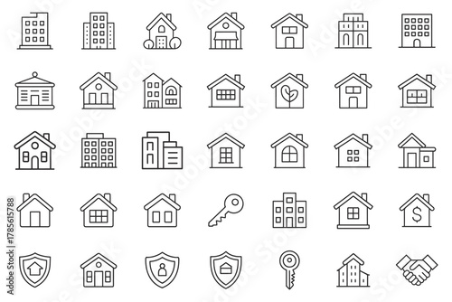 Collection of simple outline icons representing houses buildings and keys
