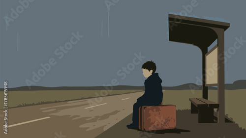 A boy sits on a suitcase at a bus stop in the rain with a road and field in the background scene