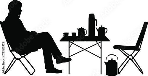 Outdoor tea coffee table vector silhouette, person sitting with cups, kettle and folding chairs, camping leisure illustration for travel, picnic, relaxation themes