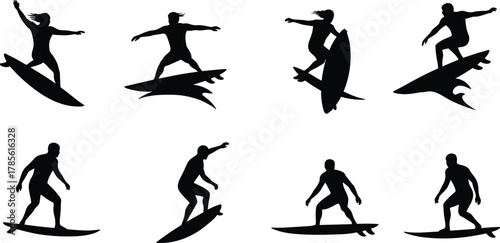 Surfer silhouette vector set, dynamic surfing poses, riding waves, balancing tricks, ocean sport lifestyle illustration, summer beach vacation design concept