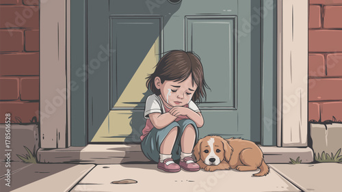 A cartoon of a crying girl sitting next to a puppy in front of a closed blue door on a sidewalk