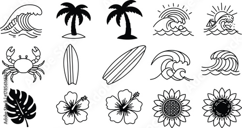 Tropical beach vector icons, palm trees, waves, surfboards, flowers and summer elements, black silhouette and outline designs for vacation, travel, resort themes