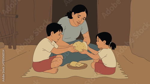 A cartoon image of a mother and two children sharing bread in a simple home environment together now