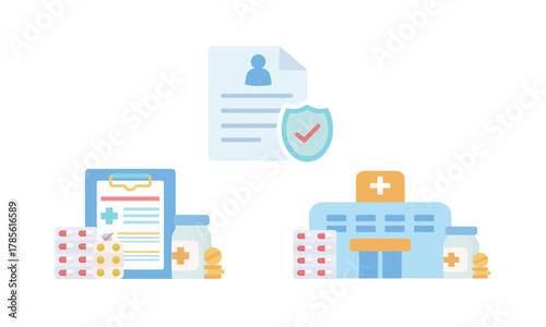 ヘルスケアの挿絵セット（病院・カルテ・健康情報と薬）