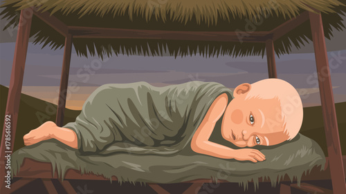 Illustration of a child sleeping under a thatched roof structure in an outdoor setting at dusk