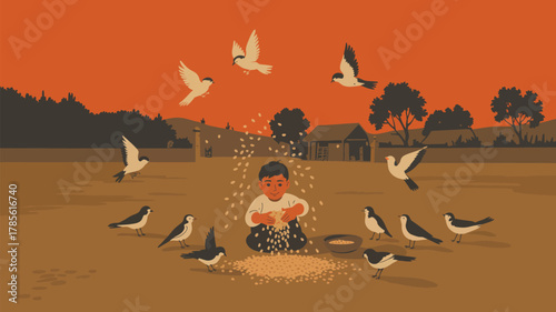 A child feeding birds in a rural setting with a warm orange sky and simple houses in the background