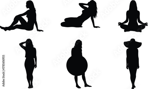 Women silhouette vector poses, artistic female figures in sitting, standing, meditative and fashion styles, black outline illustration for design, lifestyle, art themes