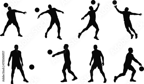Volleyball player silhouette vector set, men jumping, serving, hitting, receiving ball, dynamic sports action illustration, athletic teamwork, competitive game design