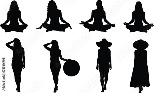 Women silhouette vector set, yoga meditation poses, fashion lifestyle icons, standing and walking figures, beach ball, wide‑brim hat illustration design