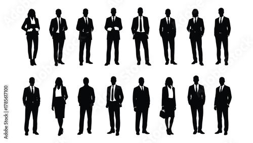 Collection of sixteen diverse business people silhouettes in formal suits, standing in various poses, representing corporate staff and professional workforce