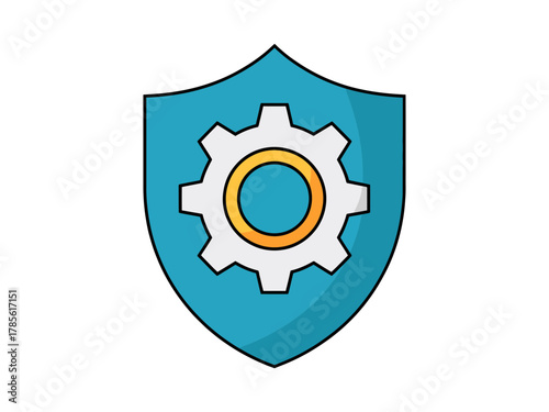 A teal shield icon featuring a white gear with a yellow and blue center on a white background.