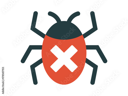 A stylized red bug with a white cross symbol is displayed against a white background.