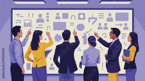 Group of professionals pointing at a whiteboard with icons and diagrams in a business meeting setting