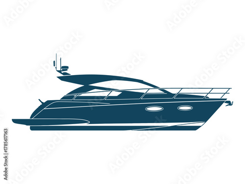 A sleek, modern yacht is depicted in profile against a white background.