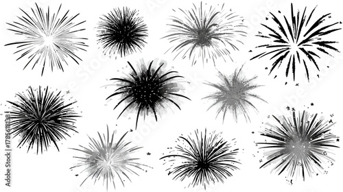 Abstract monochrome fireworks explosion set. Stylized black and white celebration burst elements for design, vector illustration.