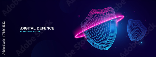 AI Cybersecurity Protection and Digital Shield with Glowing Neon Lines Representing Online Safety and Data Defence. Perfect for Technology Themes. Security Systems. Vector Illustration.