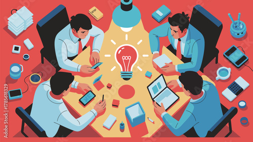 A group of business people are sitting around a table with a lightbulb in the center brainstorming ideas
