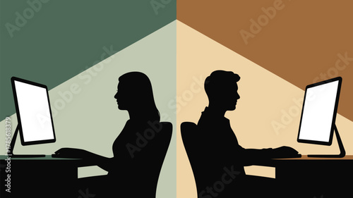 Silhouettes of a man and woman facing computer screens on opposite sides of a split background color
