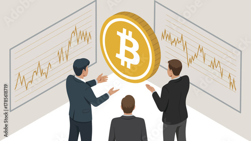 Three people looking at a bitcoin and charts in an office setting discussing cryptocurrency trends