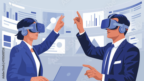 Two business people wearing vr headsets interacting with data visualizations and laptop in a virtual space