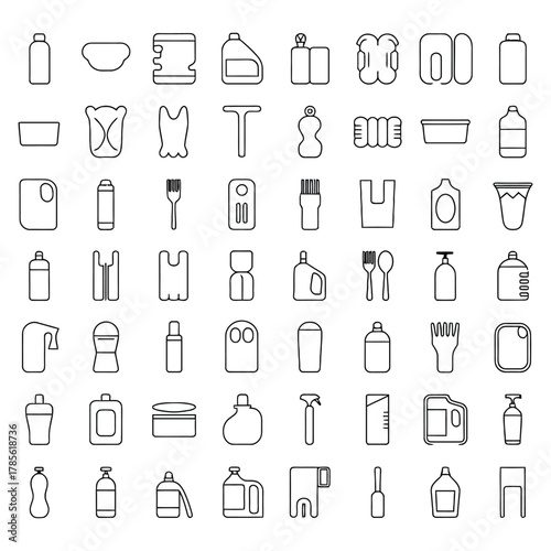 Thin line home cleaning tools and detergent bottle icons collection vector design