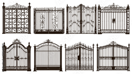 Diverse collection of classic ornate metal gates, wrought iron designs for elegant entrances and property security isolated on white.