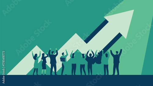 A group of people cheering in front of an upward trending arrow in shades of green and blue colors