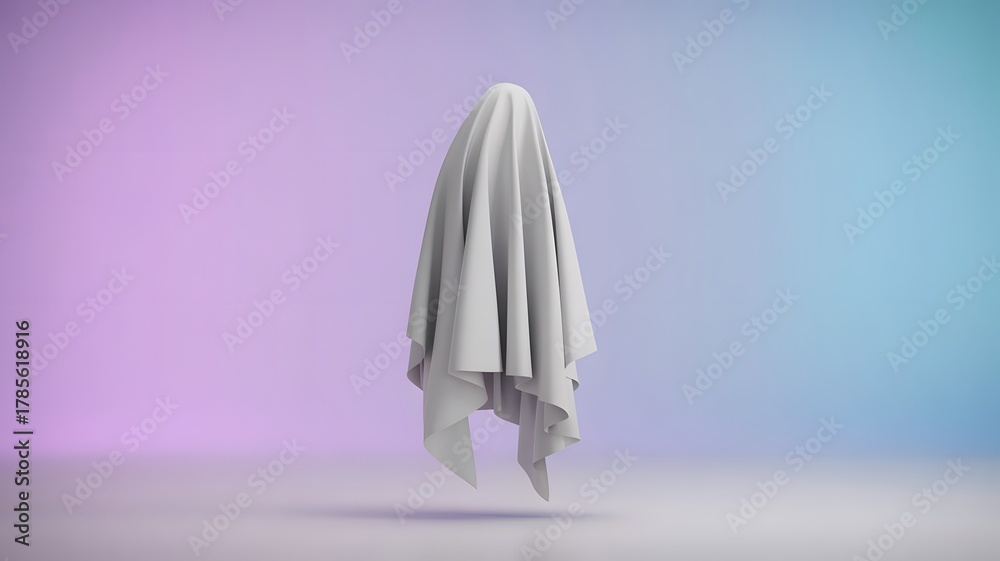 Fototapeta premium Minimal Floating Ghost Concept – White Cloth Figure on Pink Background for Modern Halloween and Creative Design