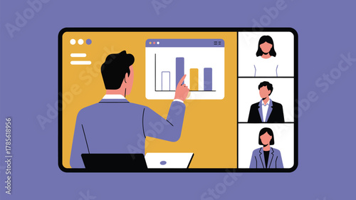 Illustration of a man presenting a bar graph during a video conference with three participants