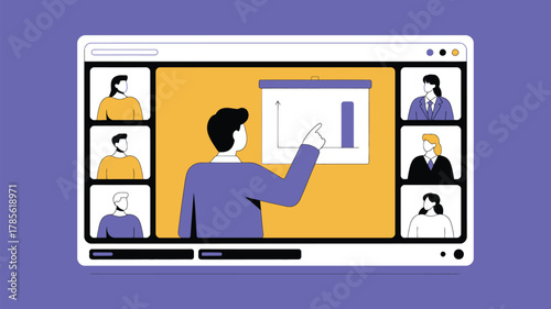A virtual meeting with a presenter pointing to a chart during a video conference with attendees online