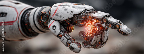 Close up view of a detailed robotic arm with glowing elements and textured surface