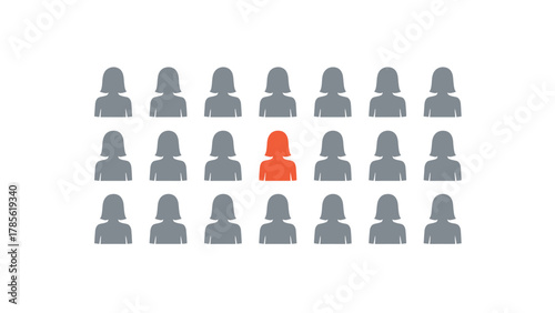 One female icon standing out from the crowd of identical gray women silhouettes, symbolizing uniqueness, differentiation, and leadership