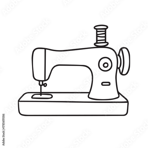 Stylish minimalist vector illustration of a modern sewing machine, black and white theme emphasizing craftsmanship, balance, and modern functionality in design.