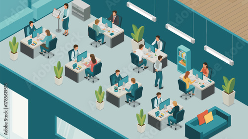 Isometric office scene depicting employees working at desks with computers and plants in a modern workspace