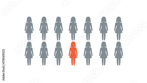 Standing Out From the Crowd: Orange Female Silhouette Icon Among Grey Women Icons Representing Uniqueness, Diversity, Individuality, or Target Selection