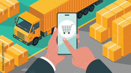 Hands holding a phone with a shopping cart icon with a truck and boxes in the background scene