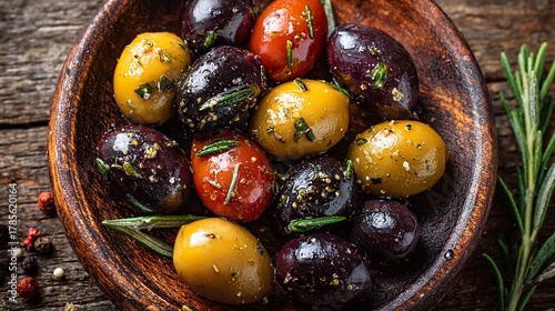 Bowl of marinated olives with rosemary and peppercorns close up shot