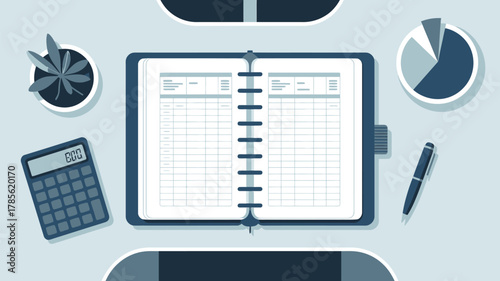 Overhead view of an open ledger with a calculator, pen, plant, and pie chart on a light background