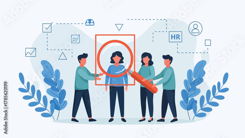 Human Resources Recruitment and Candidate Selection Process Vector Illustration. HR team using a magnifying glass to assess potential employee for hiring.