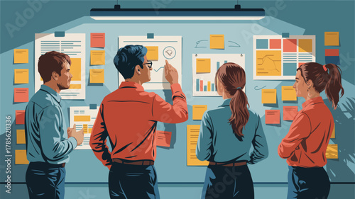 A group of four business professionals collaborate on a project using a whiteboard with sticky notes