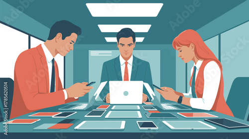 Three business people at a table with laptops and tablets using phones in a modern office setting