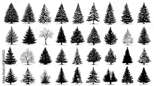 Diverse collection of tree silhouettes, including evergreen pines, firs, spruces, and bare deciduous trees, perfect for nature and winter designs.