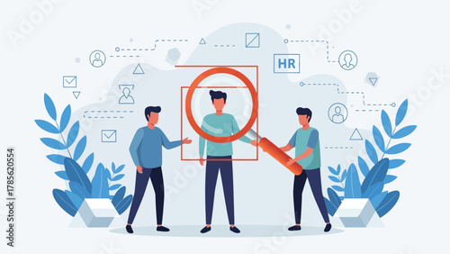 HR Recruitment and Candidate Selection Process Vector Illustration. Human Resources searching for talent using a magnifying glass to highlight the chosen employee.