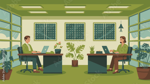 People working in an office with solar panels on the wall and plants around the room with laptops desks
