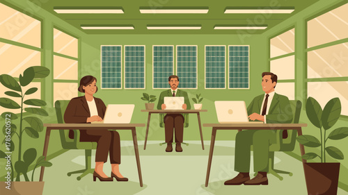 Three people working on laptops in an office with solar panels visible through the windows and plants